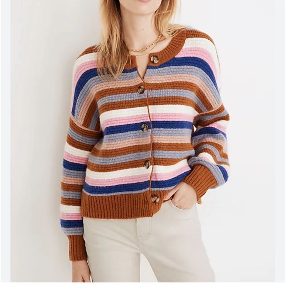 Madewell Striped Springview Cardigan Sweater Tan Coziest Yarn XL